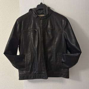 LIKE NEW! Tommy Hilfiger Men's Black Leather Jacket with Hood